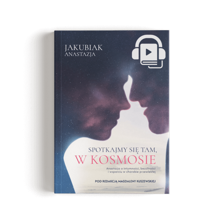 Okładka audiobooka „Spotkajmy się tam, w kosmosie” autorstwa Anastazji Jakubiak. Grafika przedstawia dwa zarysy ludzkich twarzy zwrócone ku sobie na tle ciemnego, gwieździstego nieba. Tytuł na dole jest zapisany na jasnym tle, z wyróżnionymi różowym kolorem słowami „W KOSMOSIE”