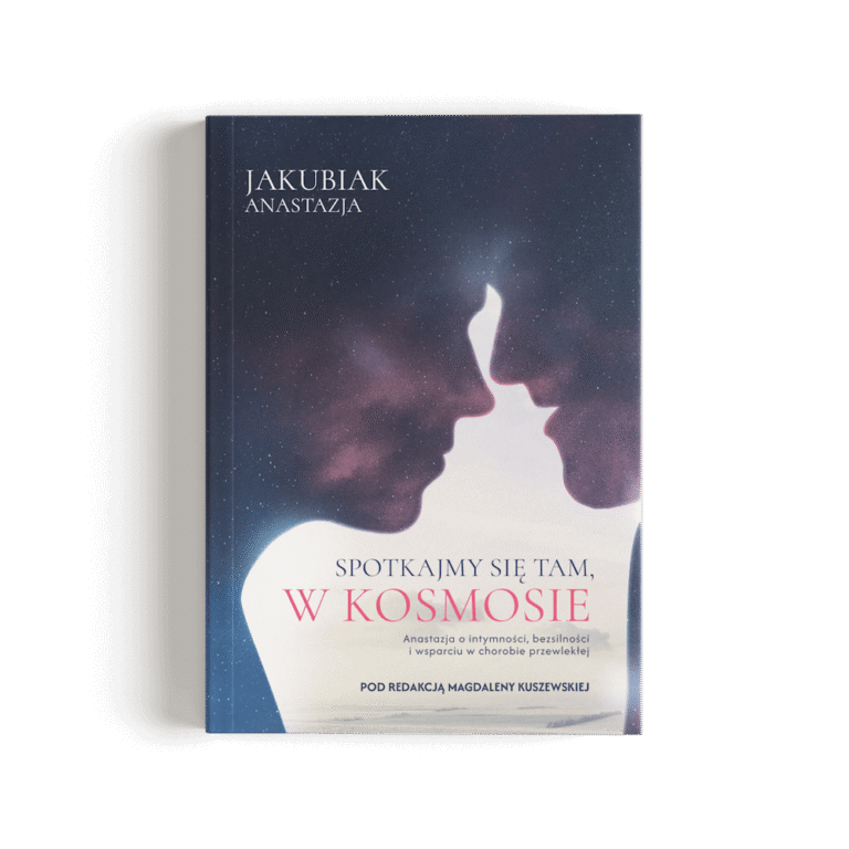 Okładka książki „Spotkajmy się tam, w kosmosie” autorstwa Anastazji Jakubiak. Grafika przedstawia dwa zarysy ludzkich twarzy zwrócone ku sobie na tle ciemnego, gwieździstego nieba. Tytuł na dole jest zapisany na jasnym tle, z wyróżnionymi różowym kolorem słowami „W KOSMOSIE”