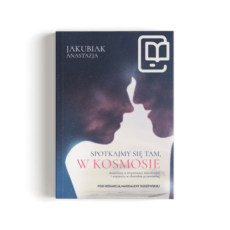Okładka e-booka „Spotkajmy się tam, w kosmosie” autorstwa Anastazji Jakubiak. Grafika przedstawia dwa zarysy ludzkich twarzy zwrócone ku sobie na tle ciemnego, gwieździstego nieba. Tytuł na dole jest zapisany na jasnym tle, z wyróżnionymi różowym kolorem słowami „W KOSMOSIE”